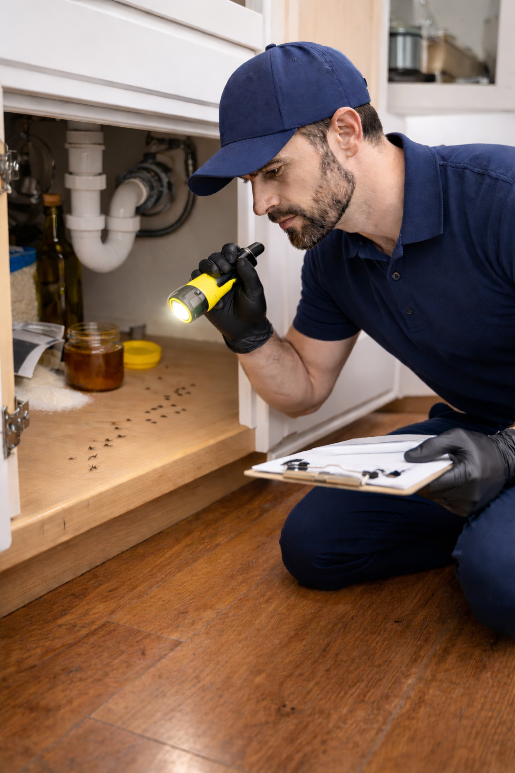 Licensed Icon Pest technician performing a detailed ant inspection inside a residential kitchen cabinet in Toronto GTA