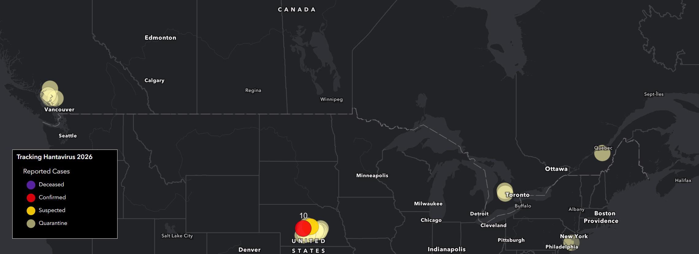 ANDV Hantavirus 2026 dashboard map showing reported case markers near Ontario, Quebec, and surrounding Canadian regions.