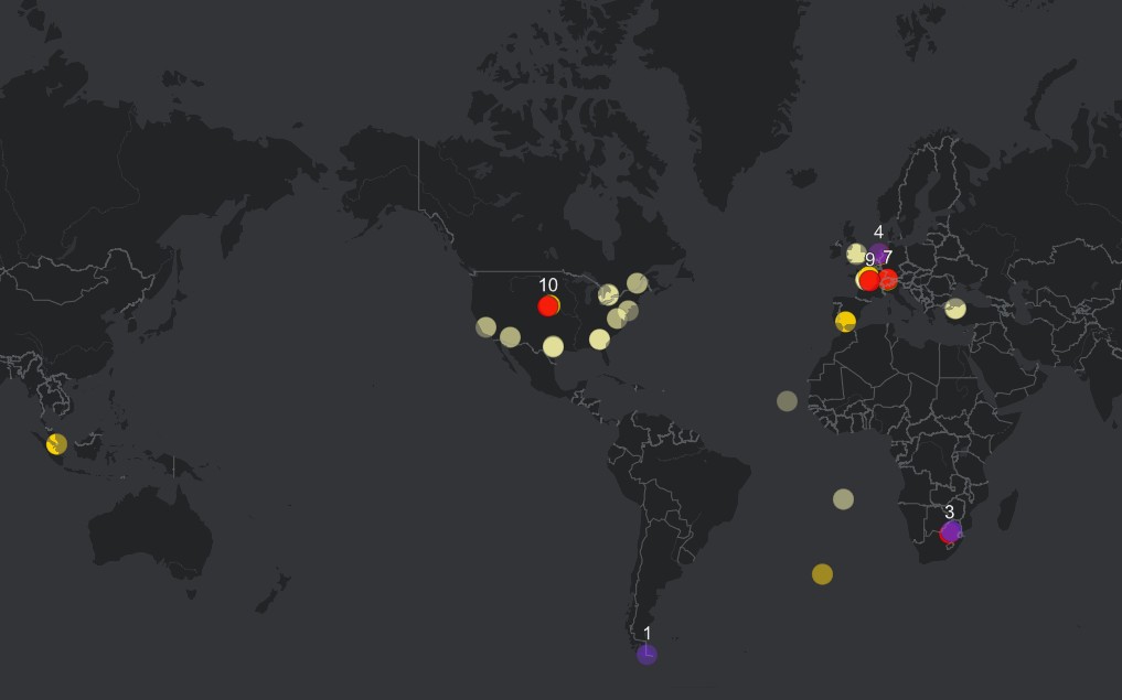 ANDV Hantavirus 2026 global dashboard map showing suspected, confirmed, monitored, and deceased case markers across multiple countries.