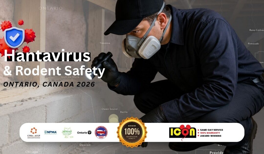 Icon Pest technician inspecting for mice, rodent droppings, and contamination concerns related to hantavirus safety.
