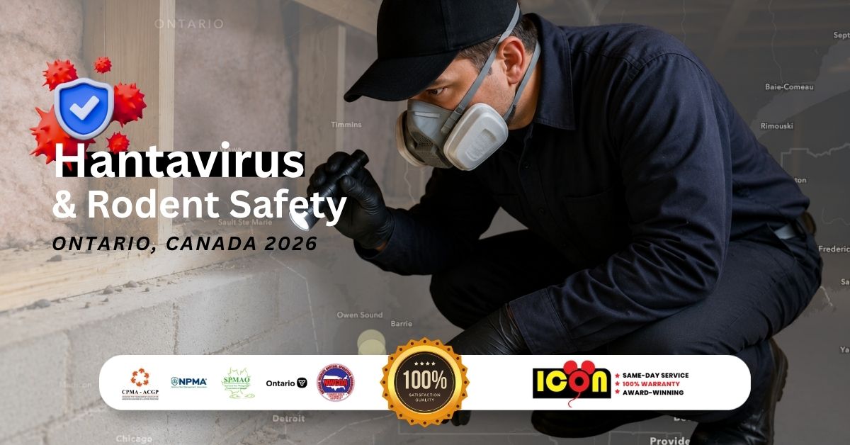 Icon Pest technician inspecting for mice, rodent droppings, and contamination concerns related to hantavirus safety.