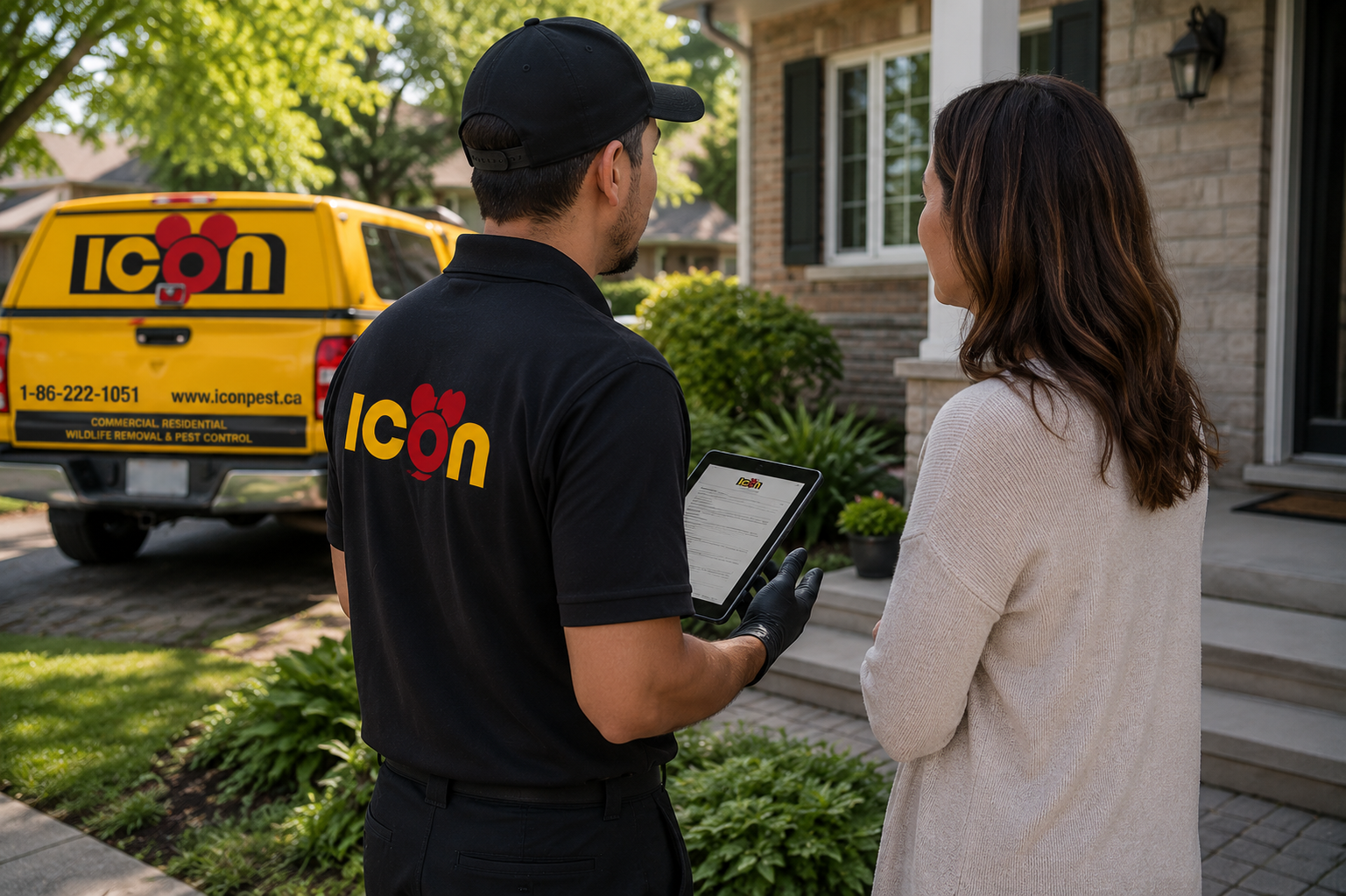 Icon Pest technician speaking with homeowner outside the house