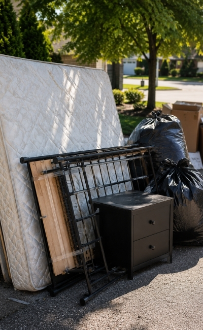 Pest-affected mattress, bed frame and household items prepared for disposal