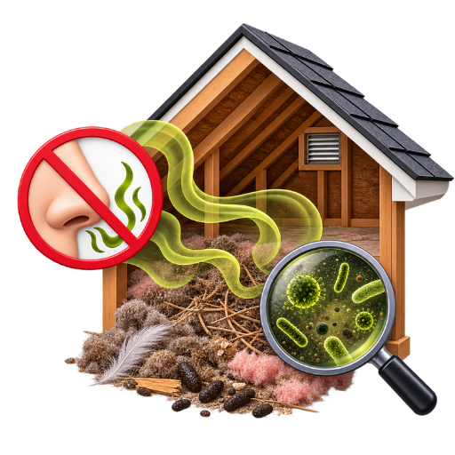 Wildlife nesting debris and waste causing persistent odours and contamination in an attic