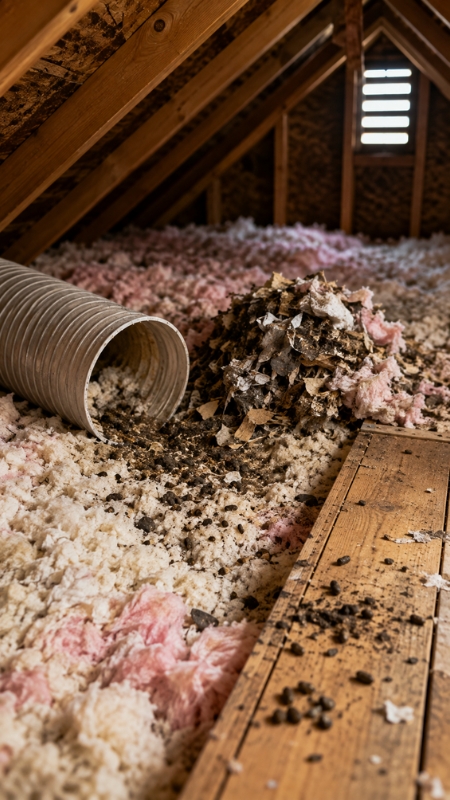Contaminated attic insulation with wildlife droppings and debris affecting restoration cost