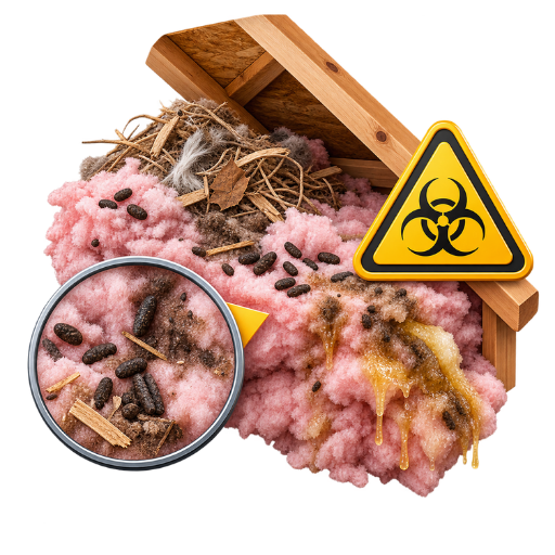 Attic insulation contaminated by wildlife droppings, urine and nesting material