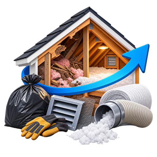 Damaged attic requiring exclusion, cleanup and new insulation installation