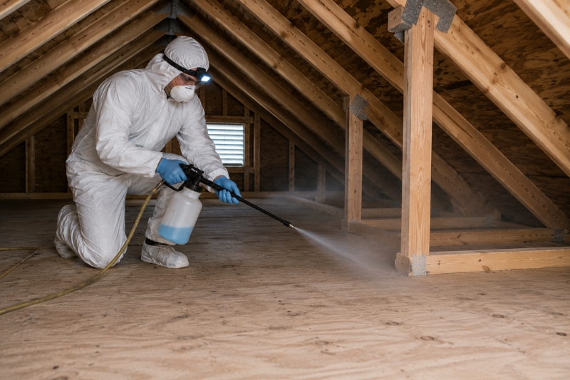 Technician applying disinfectant inside a cleaned attic after contaminated insulation has been removed