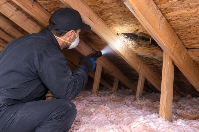 Technician inspecting an attic for wildlife activity, damaged insulation and entry points