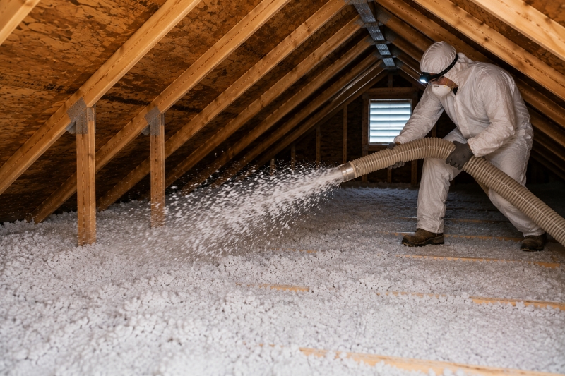 Technician installing new blown-in insulation throughout a restored attic