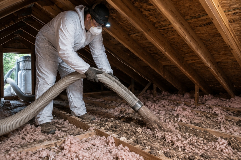 Technician using a commercial vacuum hose to remove contaminated insulation from an attic