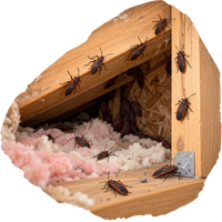 Boxelder bugs overwintering inside an attic near insulation and wood framing