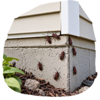 Boxelder bugs gathering along a residential foundation and siding edge