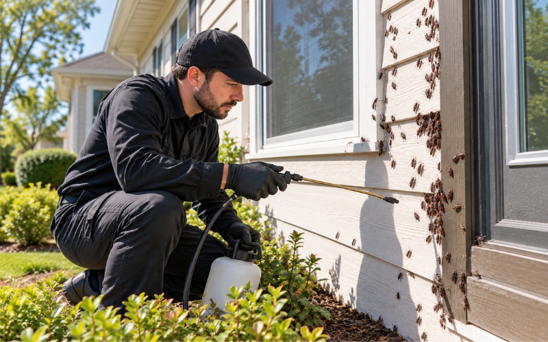Pest control technician treating boxelder bugs on exterior house siding