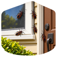 Boxelder bugs gathering around a residential window and exterior door