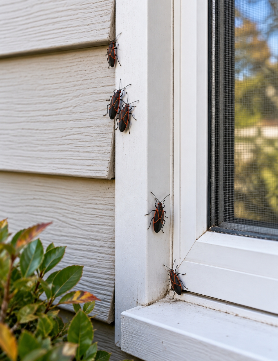 Boxelder bugs gathering around a window and exterior wall