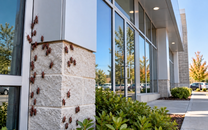 Boxelder bugs gathering on the exterior of a commercial building