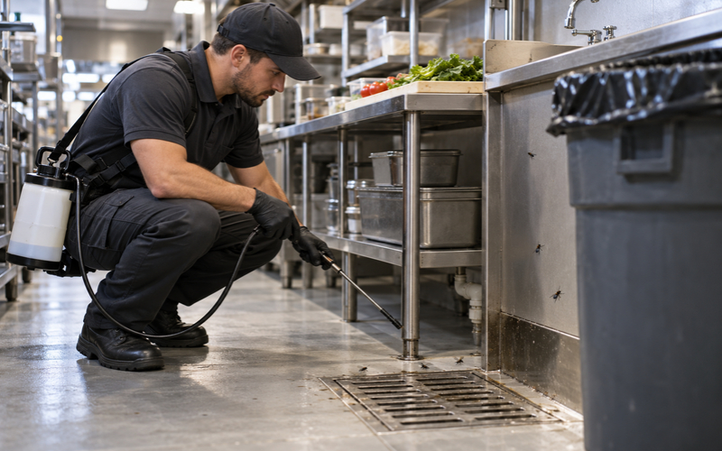 Pest control technician treating flies in a commercial kitchen