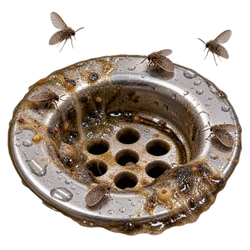 Drain flies around a wet drain with organic buildup