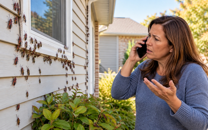 Homeowner calling for help with boxelder bugs gathering outside the house