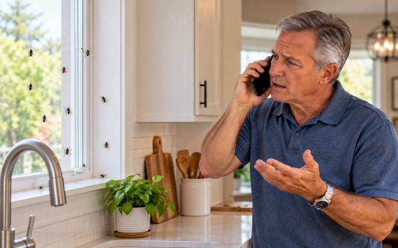Homeowner calling for help with flies inside a kitchen