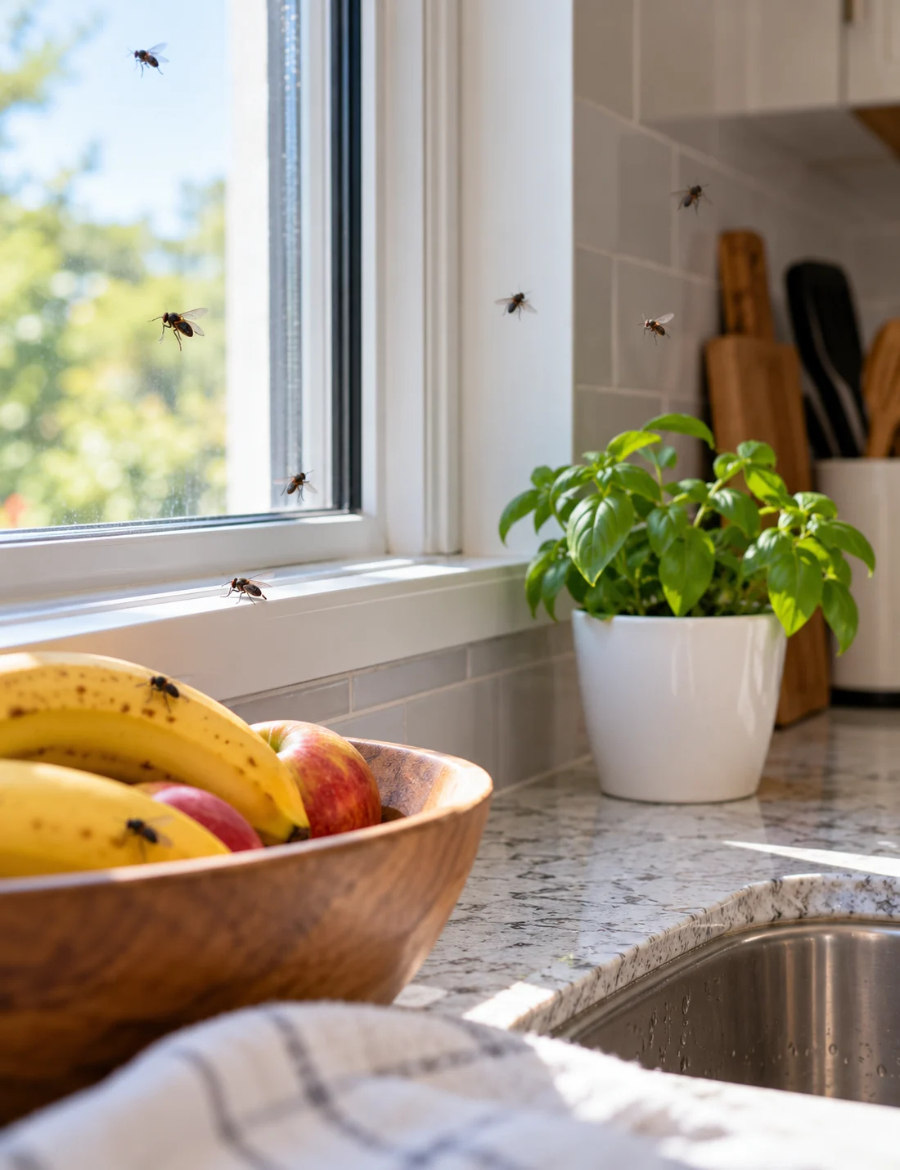 Flies around fruit, a kitchen window and countertop inside a home