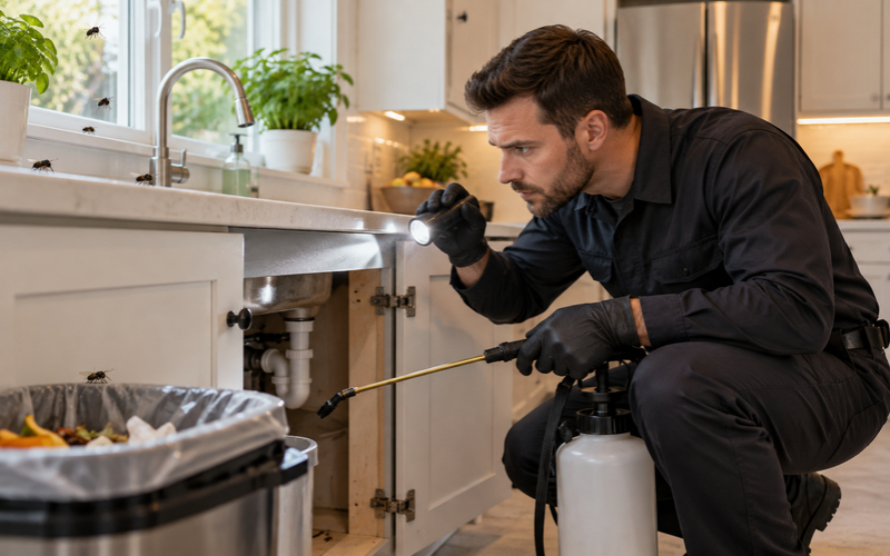 Pest control technician inspecting and treating flies around a kitchen sink