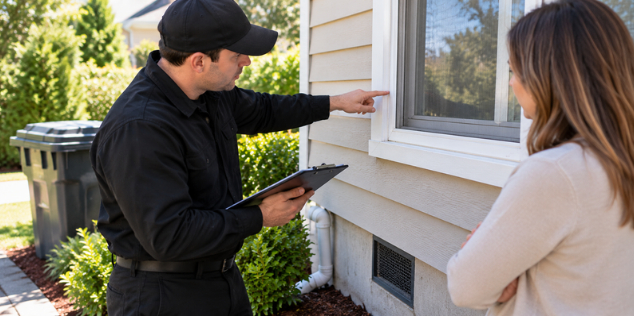 Pest control technician explaining fly prevention around a home window to a homeowner