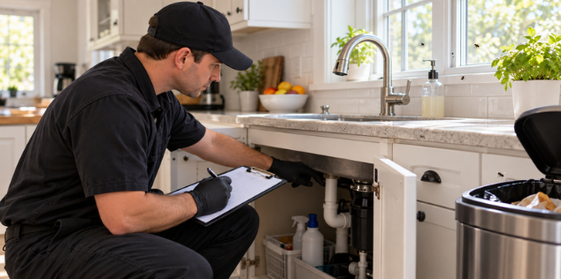 Pest control technician inspecting under a kitchen sink for sources of fly activity