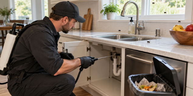 Pest control technician treating fly activity around a kitchen sink and drain