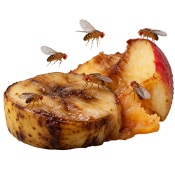 Fruit flies around overripe banana and apple pieces