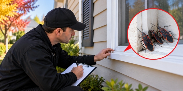Pest control technician inspecting boxelder bugs around an exterior window
