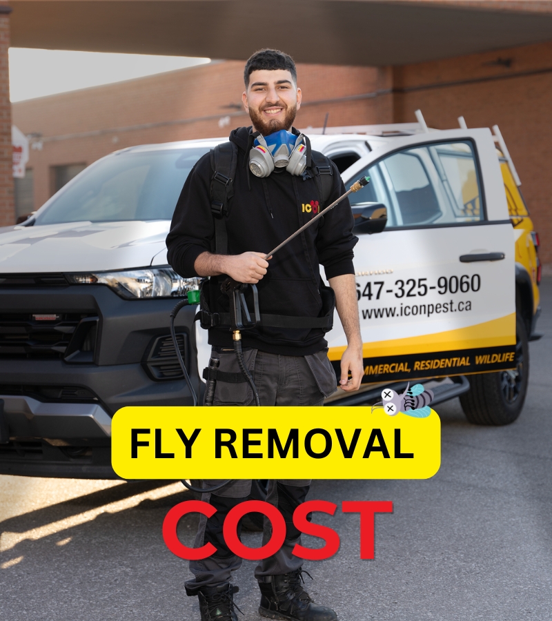 Icon Pest technician standing beside service vehicle for professional fly removal