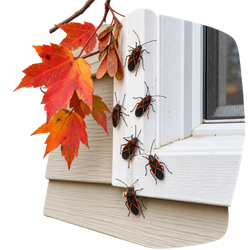 Boxelder bugs gathering around a window beside autumn maple leaves