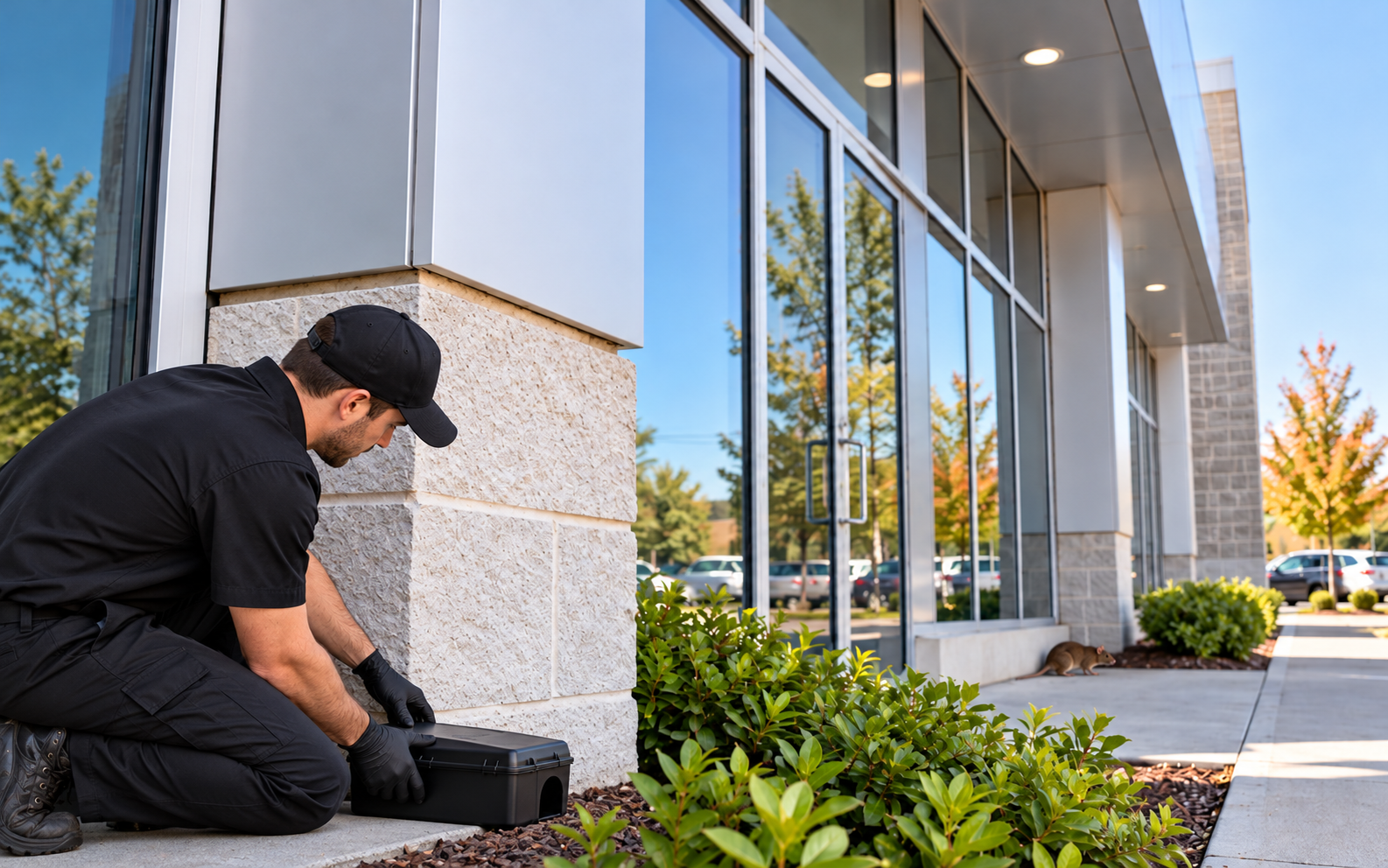Boxelder bugs gathering on the exterior of a commercial building